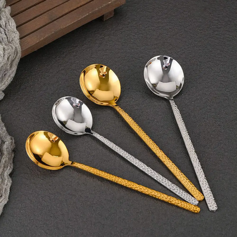 Korean Style 304 Stainless Steel Soup Spoon Hammered Texture Long Handle Tableware Deep Round Scoop For Kitchen Dining Dinner