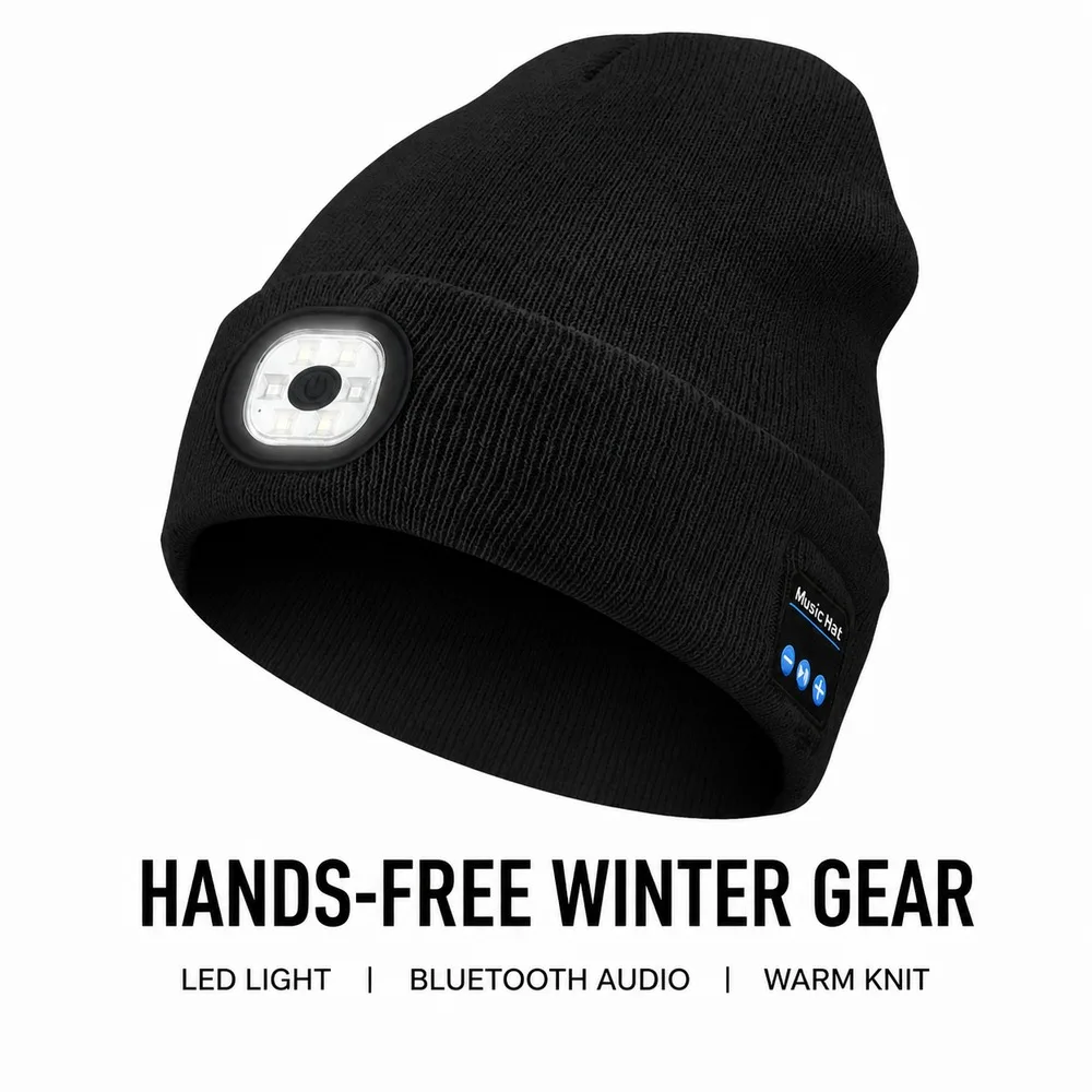 3 in 1 LED Light Bluetooth Beanie Wireless Music Hat Warm Stretch Knit Cap for Running Camping Cycling Winter Outdoor Use