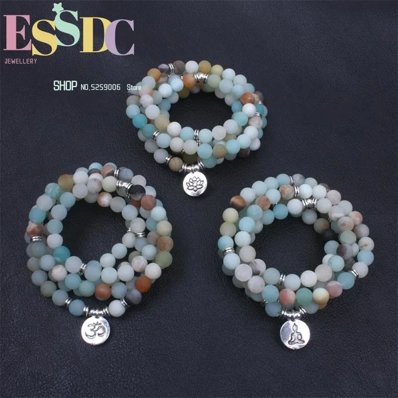 Wholesale 8mm Natural Matte Amazonite Stone 108 Mala  Yoga Lotus OM Buddha Charm Bracelet Prayer Meditation Necklace