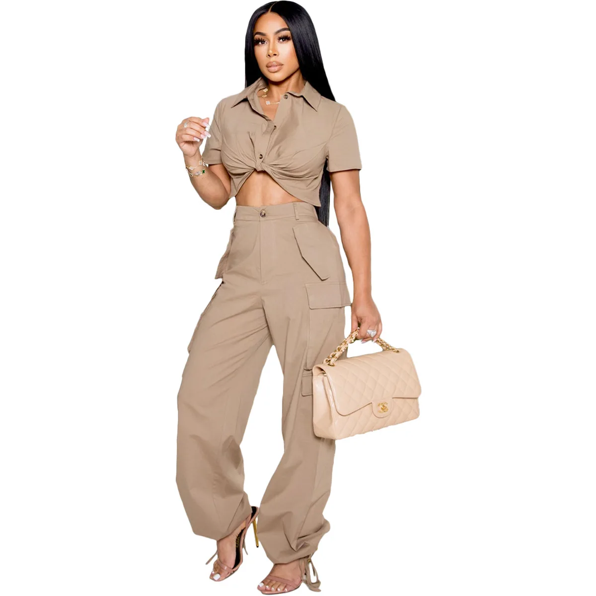 

Women's Autumn New Short-sleeved Shirt Tooling Bag Trousers Fashion Casual Two-piece Suit 2 Piece Sets Womens Outfits