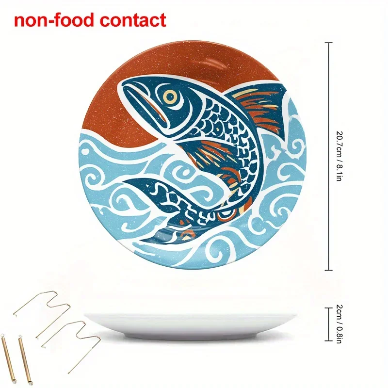 1pc 8-Inch Round Ceramic Hanging Wall Art Plate with Vintage Fish & Blue/Orange Swirls - Black Metal Stand, Jewelry Display