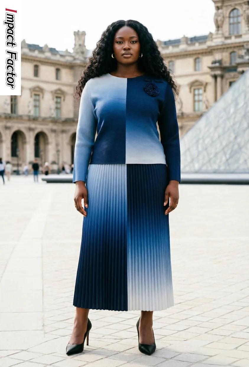 

Новый модный и элегантный плиссированный костюм Miyake 2026: свободная юбка с градиентным переходом цвета и контрастными вставками, комплект из двух предметов для женщин