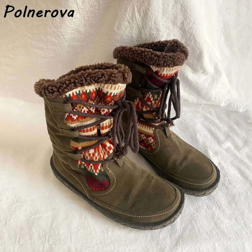 Furry Sewing Weaves Ankle Boots Round Toe Flat with Warm Lace Up Warm Turn Over Edges Short Boots Women's Retro Leisure Shoes