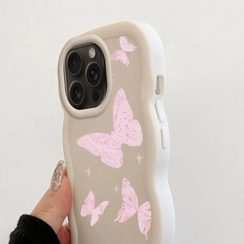 Pink Butterfly Macalong Phone Case for iPhone XR 11 12 13 14 15 16 PRO MAX PLUS Soft Coque Wavy edged Shockproof Cover