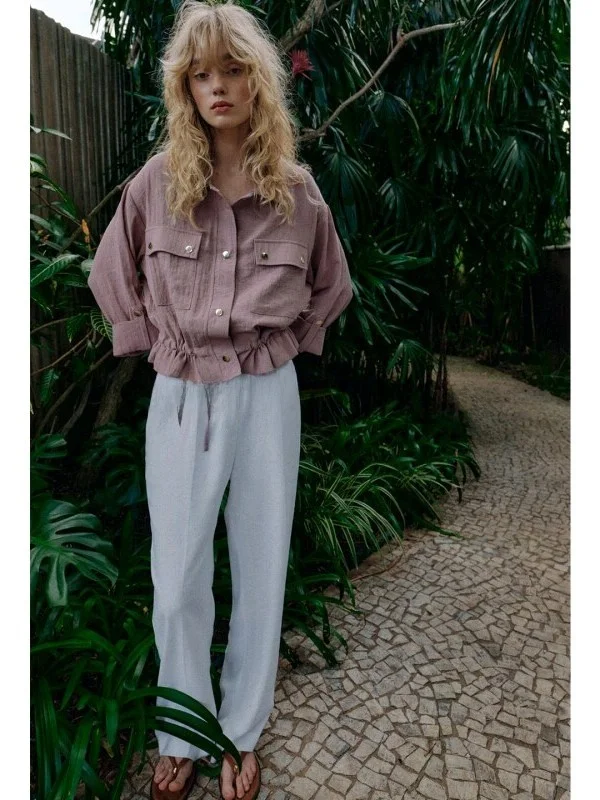 Casual Commuter Style Short Coat for Women Spring Summer Roll up Sleeve Turn down Collar Button Decor Pure Color Jacket