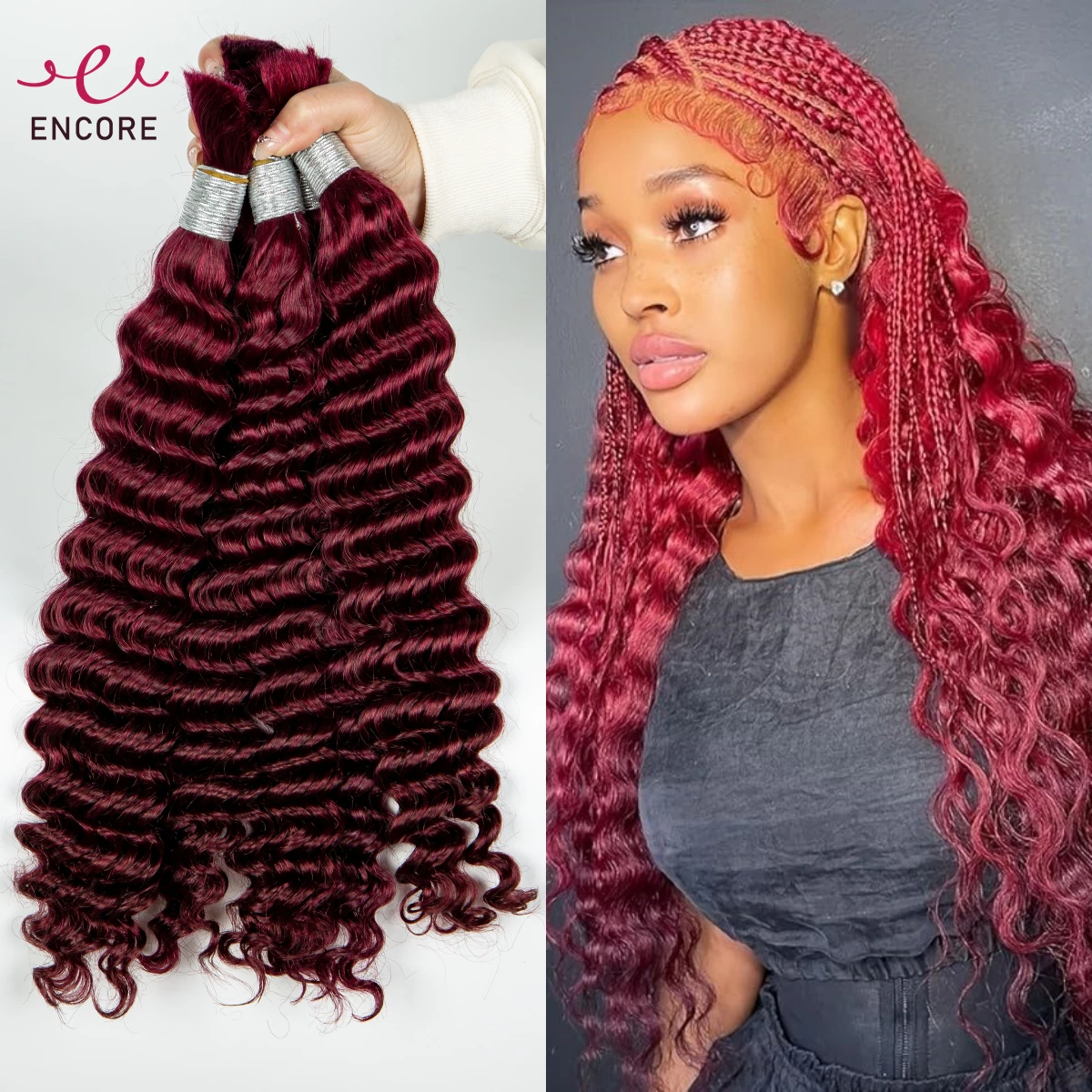 Burgund 26 28-calowe głębokie fale 100% dziewiczych ludzkich włosów luzem do przedłużania włosów Boho Braided No Weft Human Hair Bundles for Braiding