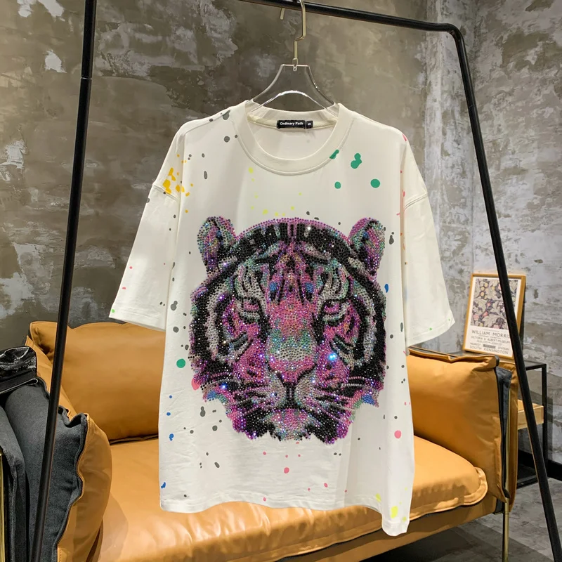 Clothes New Unisex Summer Fashion Tiger Colorful Hot Drilling Trendy Short Sleeve T-shirt Splash Ink Color Graffiti Streetwear