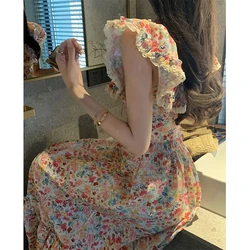 MEXZT Vintage Floral Midi Dress Women Sweet Print Square Collar A Line Dresses Summer Elegant Vacation Flying Sleeve Vestidos