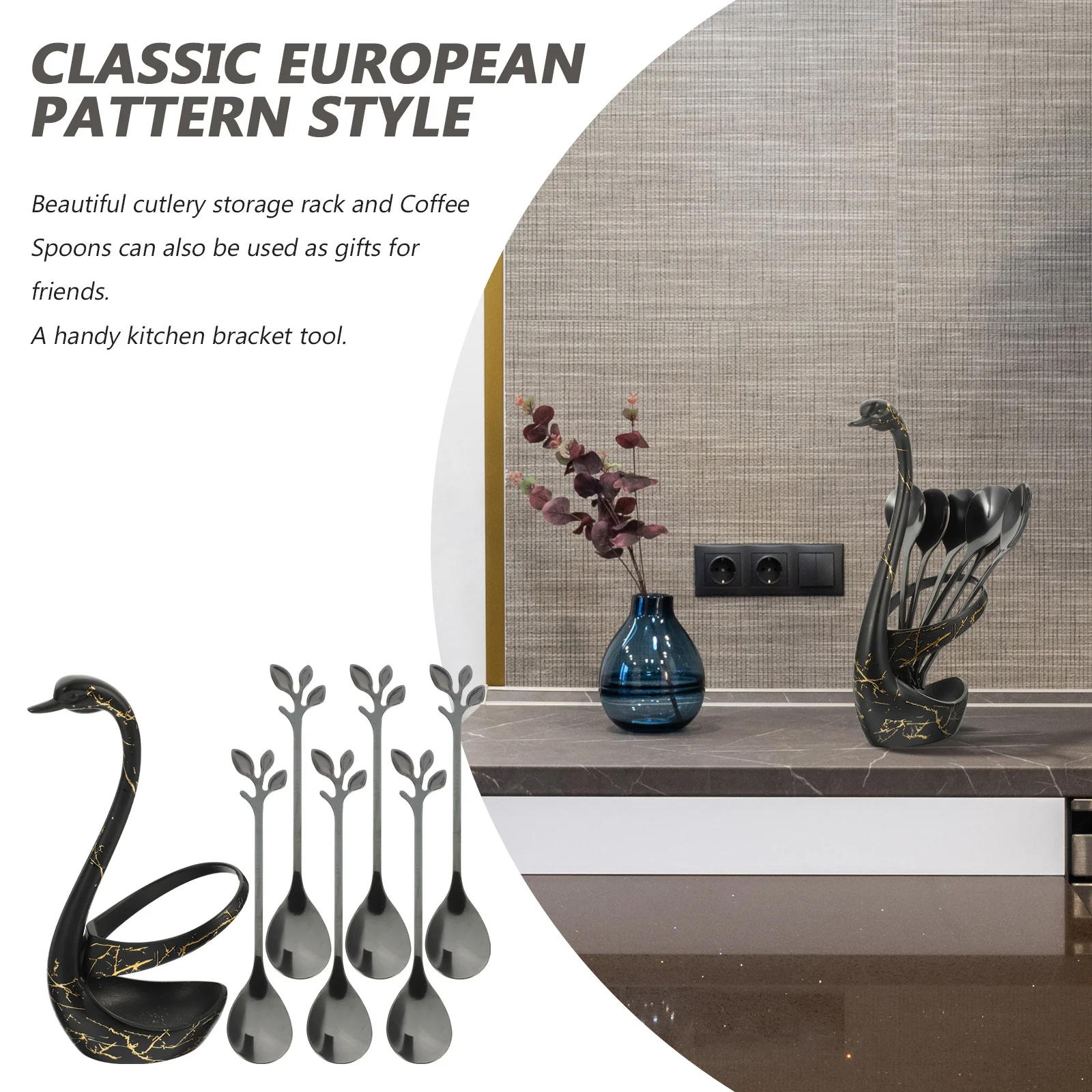 

1Set Stainless Steel Coffee Spoon Set Swan Base Stand Classic European Pattern Dessert Scoop Holder Kitchen Mixing Utensils