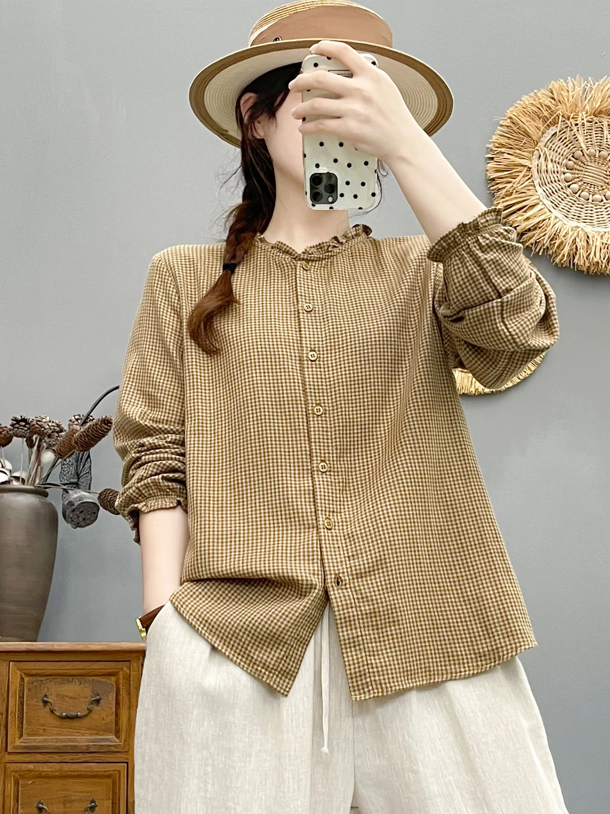 New 2026 Autumn Women Cotton Yarn Long Sleeve Shirt, Ruffled Plaid, Mori Girl Retro Temperament Casual Loose Blouse T67054CC