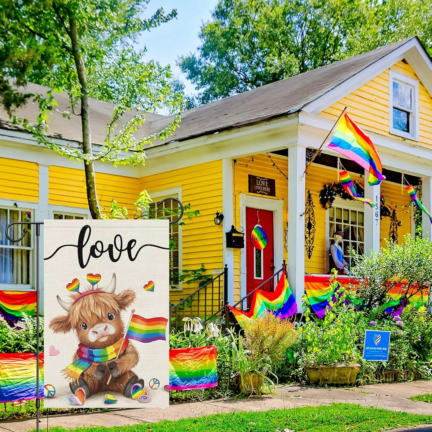 Heyfibro Love Cute Highland Cow Pride Garden Flag 12x18 Double Sided Burlap, Rainbow Heart Pattern Gay Lesbian LGBT Pansexua PPM