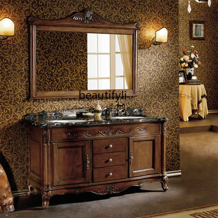 

European Solid Wood Bathroom Cabinet Red Oak Marble Basin Cabinet Toilet Wash Table