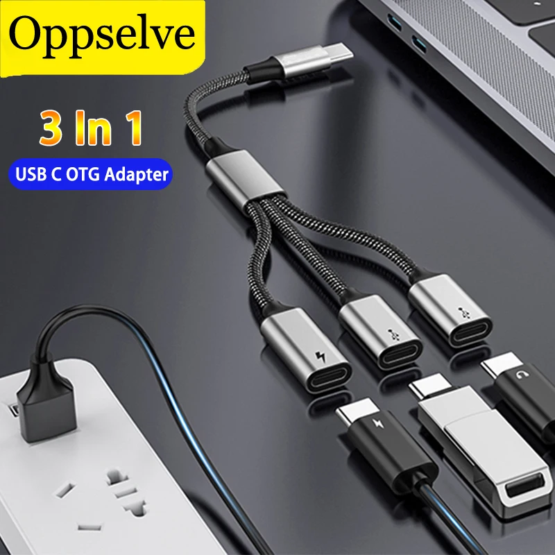 PD 60W Charge Data Cable HUB 3 in 1 Dock 3 Ports Splitter For Macbook Samsung Huawei Xiaomi USB C To Dual USB Type-C OTG Adapter