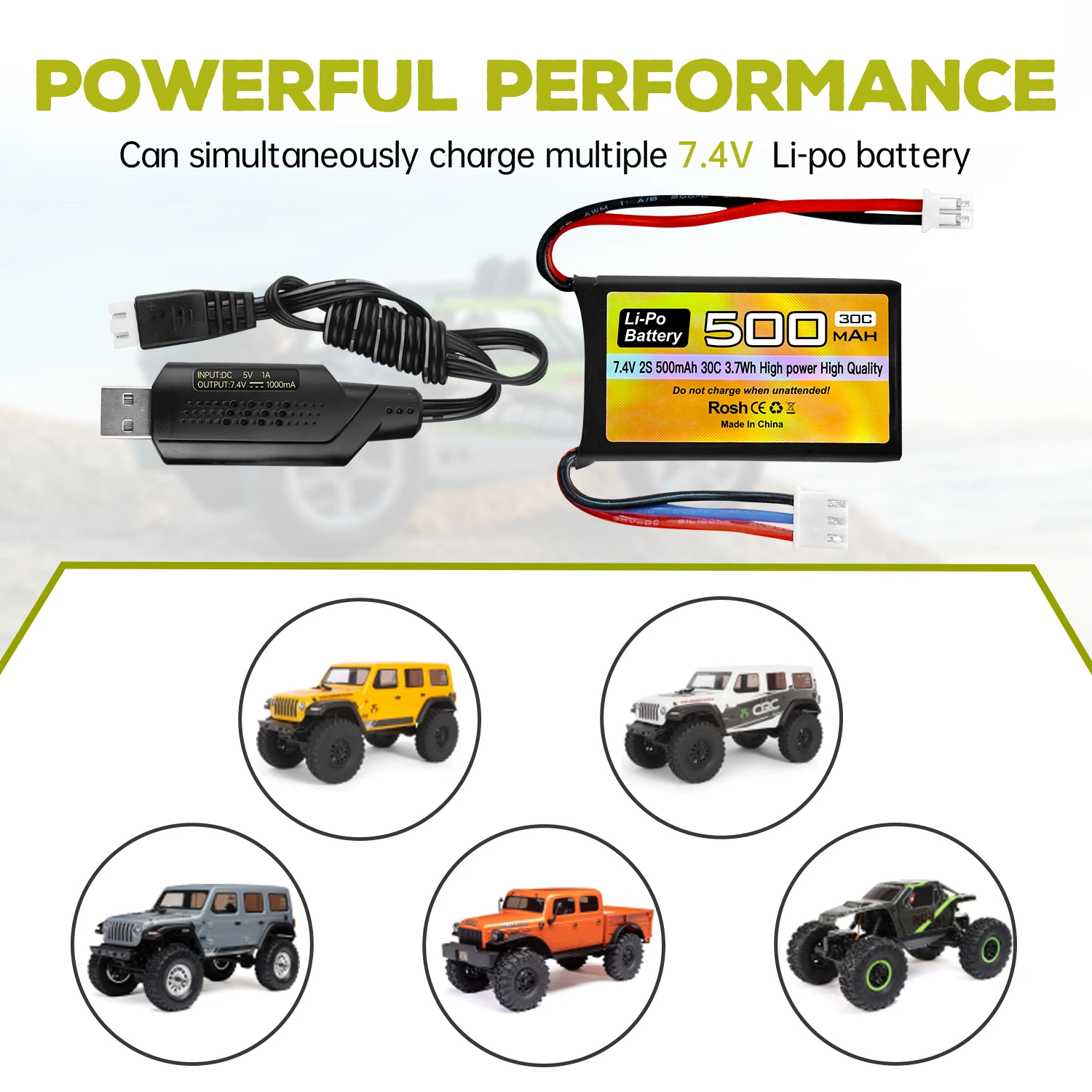 2PCS 7.4V 500mAh 30C Lipo Battery PH2.0 Plug For AX24 SCX24RC Car, Compatible With Most 1/10, 1/16, 1/18, And 1/24 Ratio RC Cars