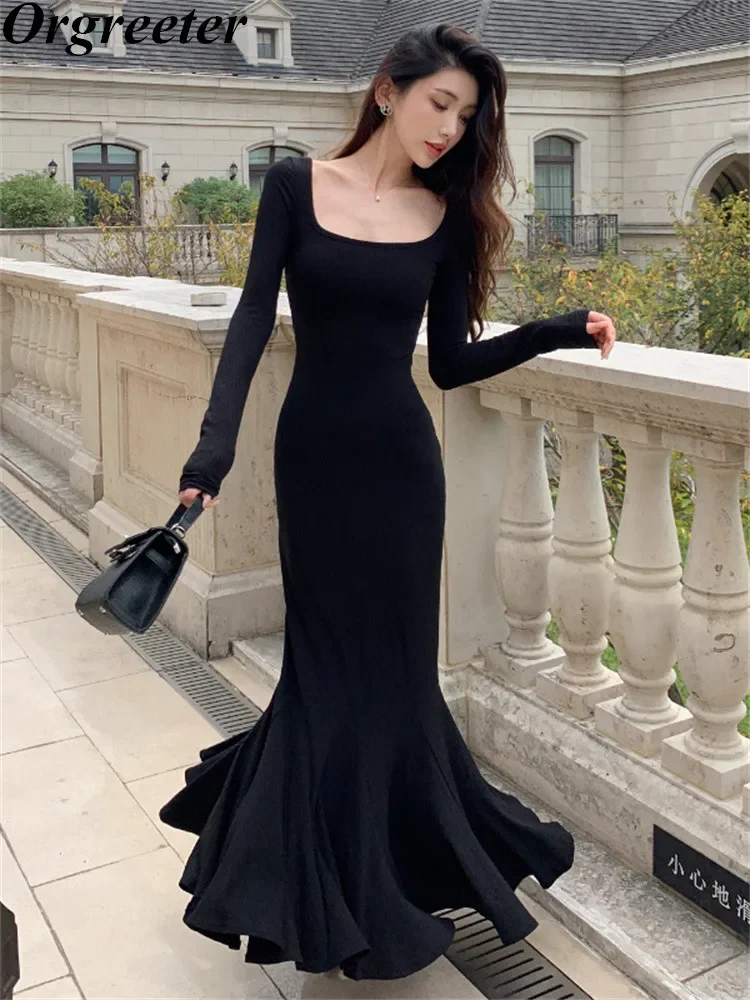 Autumn New Sexy Stretching Slim Bodycon Vestidos Party Mermaid Dress for Women Square collar Long Sleeve Black Maxi Dress