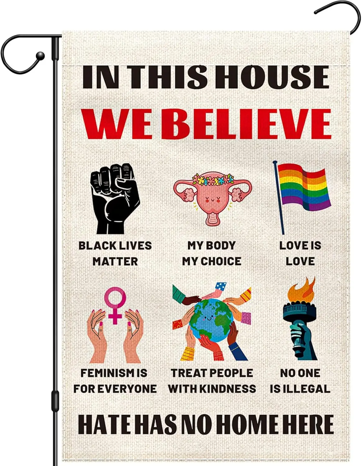 In This House We Believe Garden Flag 12x18 Double Sided, Hate Has No Home Here Flags for Farmhouse Lawn Decor, Equality Ally EEU