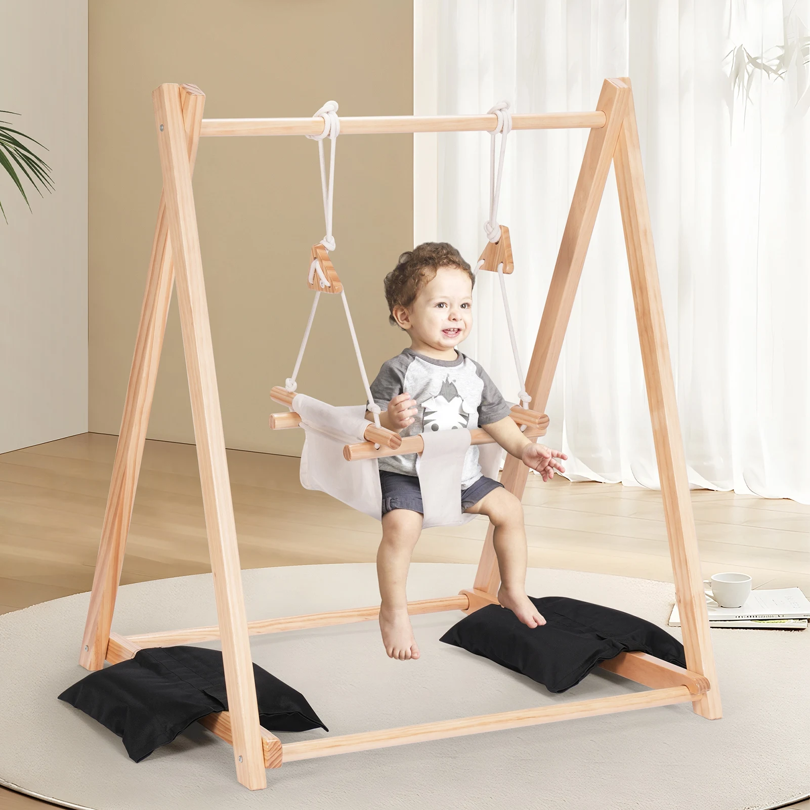 Folding Wooden Frame Swing Maximum Load 40kg Folding Canvas Seat Stable and Safe Baby Swing