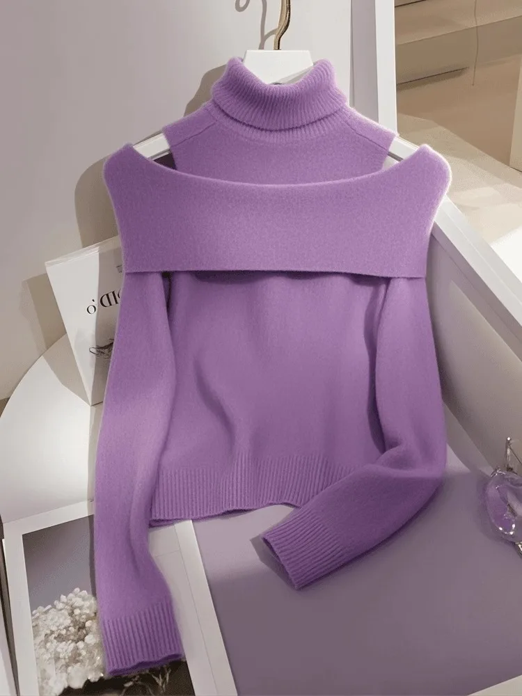 الأرجواني وهمية قطعتين محبوك سترة المرأة الخريف والشتاء لينة وفاخرة عالية الرقبة قبالة الكتف سترة