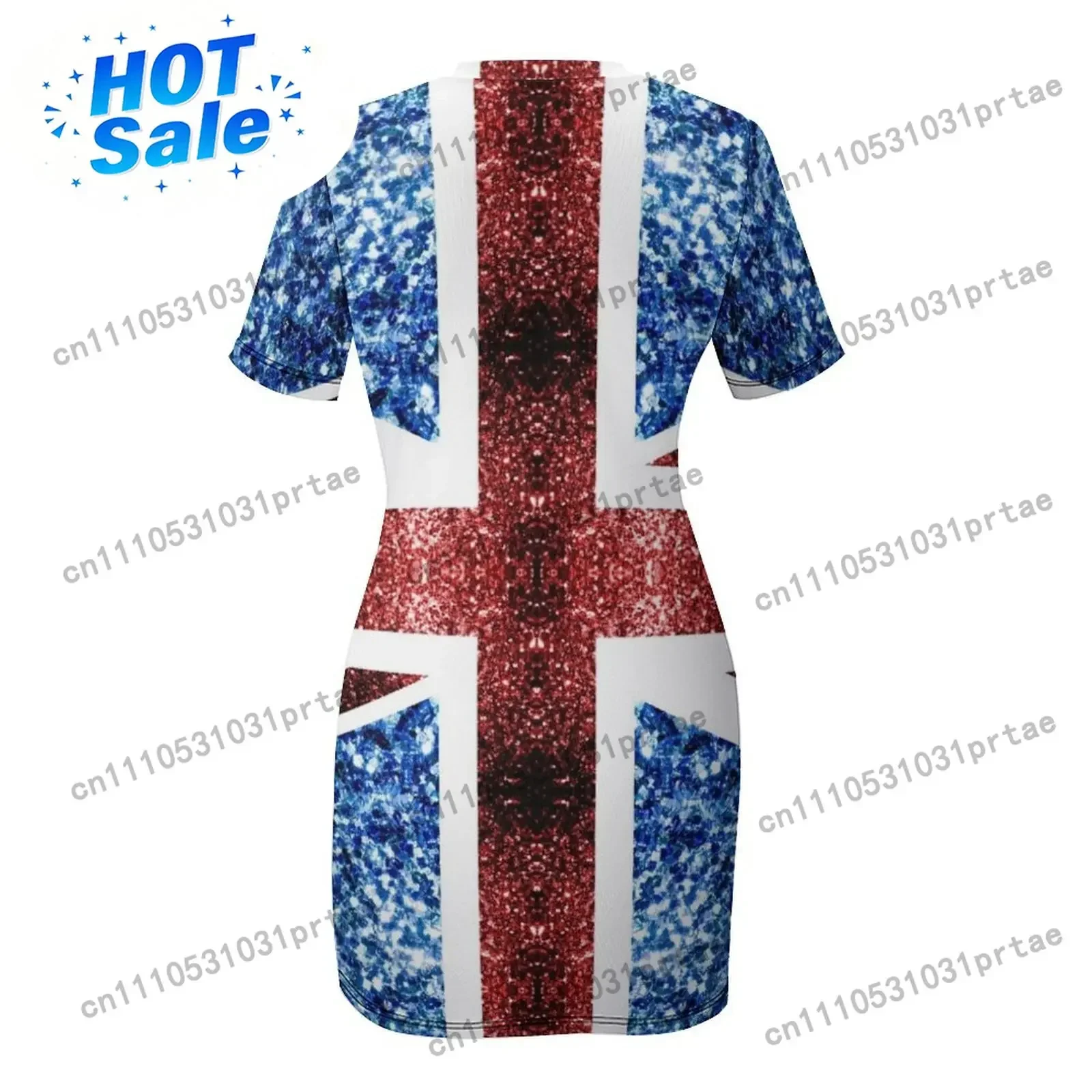 United Kingdom UK flag blue red faux sparkles British Union Jack (Photo of Glitter - Not Reflective) Short Sleeved Dress view 5
