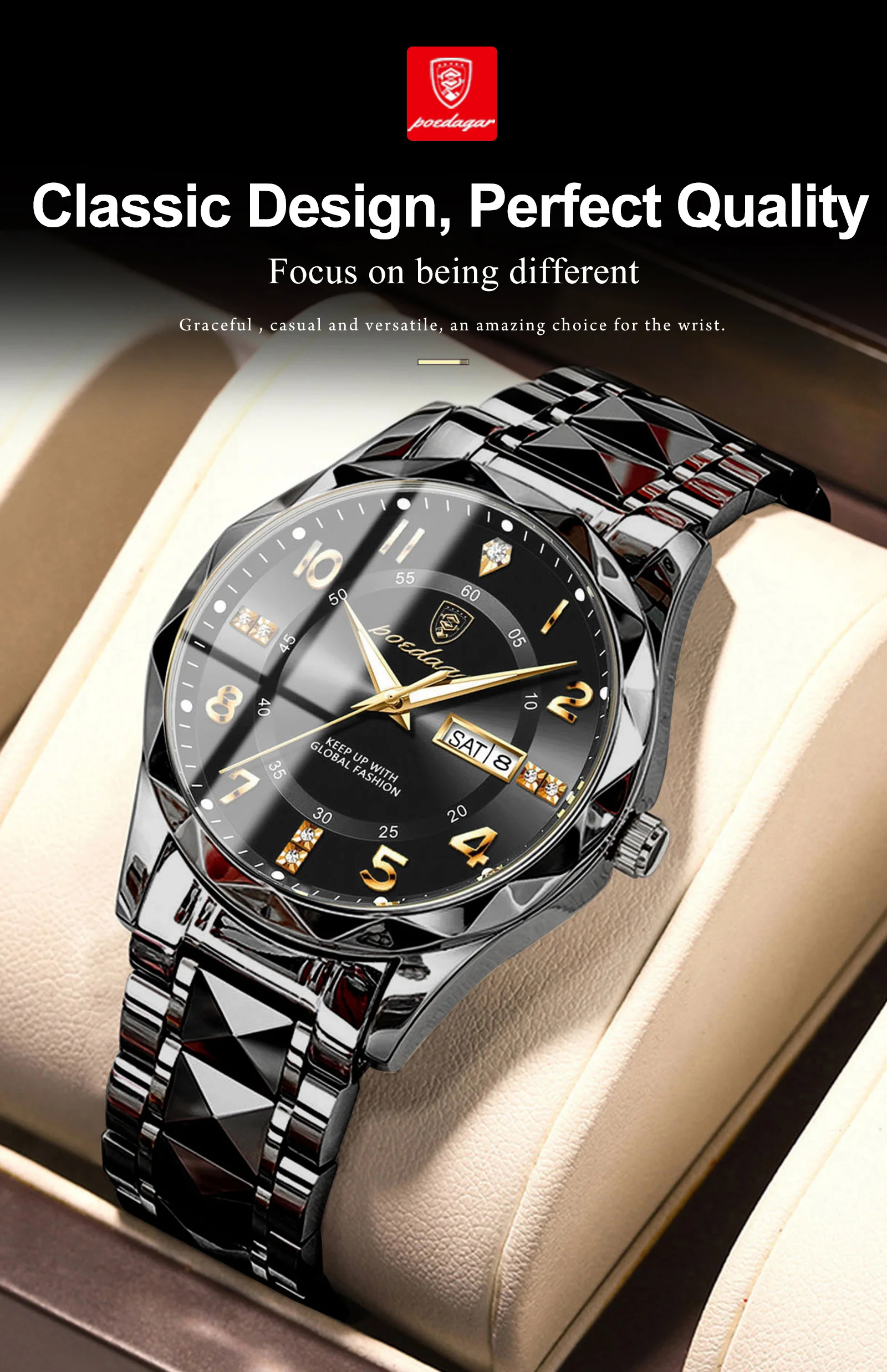 POEDAGAR Modische Luxus-Herrenuhr, Wasserdicht, Leuchtend, Quarz-Armbanduhr, Edelstahl, mit Datums- und Wochenanzeige, Casual-Herrenuhr, Reloj – Detail 8