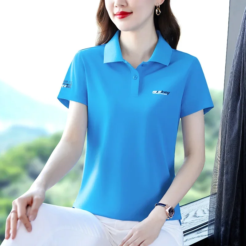 Ice Silk Fabric T-shirt Summer Cool Basic Top Women T-shirts  Short Sleeve Casual Lapel Tee loose Tops Quality Golf Clothes