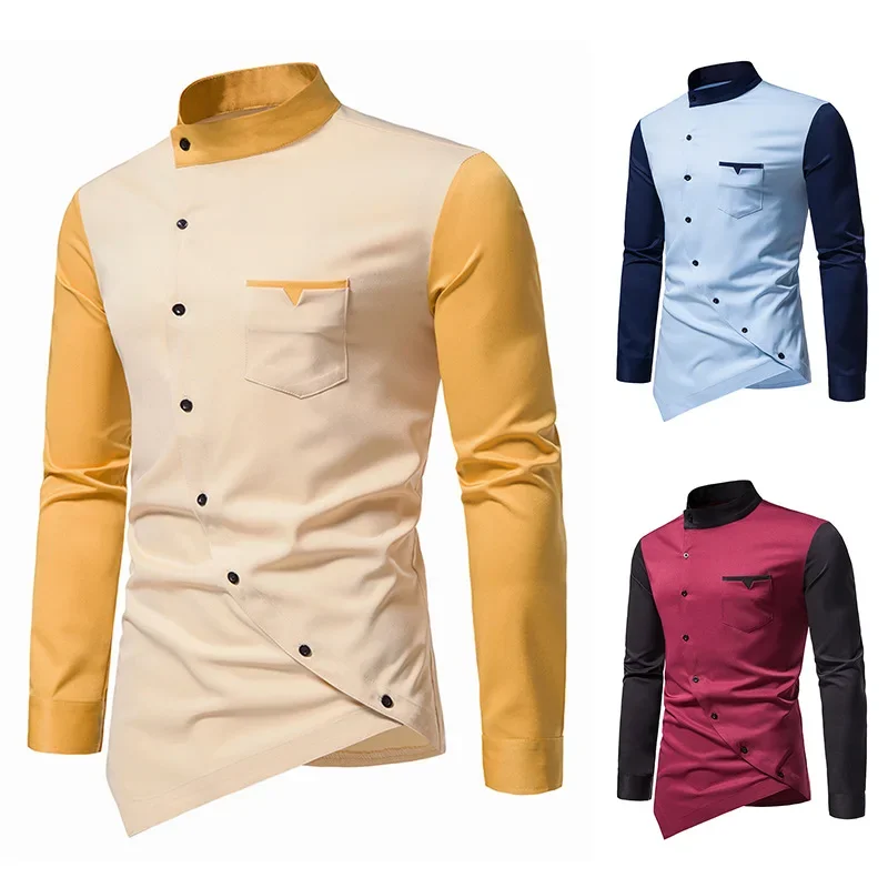 

2023 Spring and Autumn New Men's Shirts Youth Personalized Casual Irregular Contrast Color Shirts