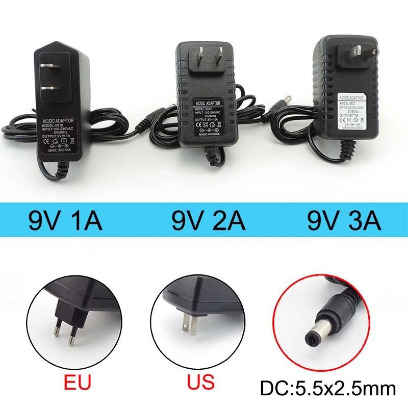 AC 110V 220V to DC 9V 1A 2A 3A 9V2A Power Supply Adapter Converter Charger EU US plug 1000ma 2000ma for cctv camera Router t