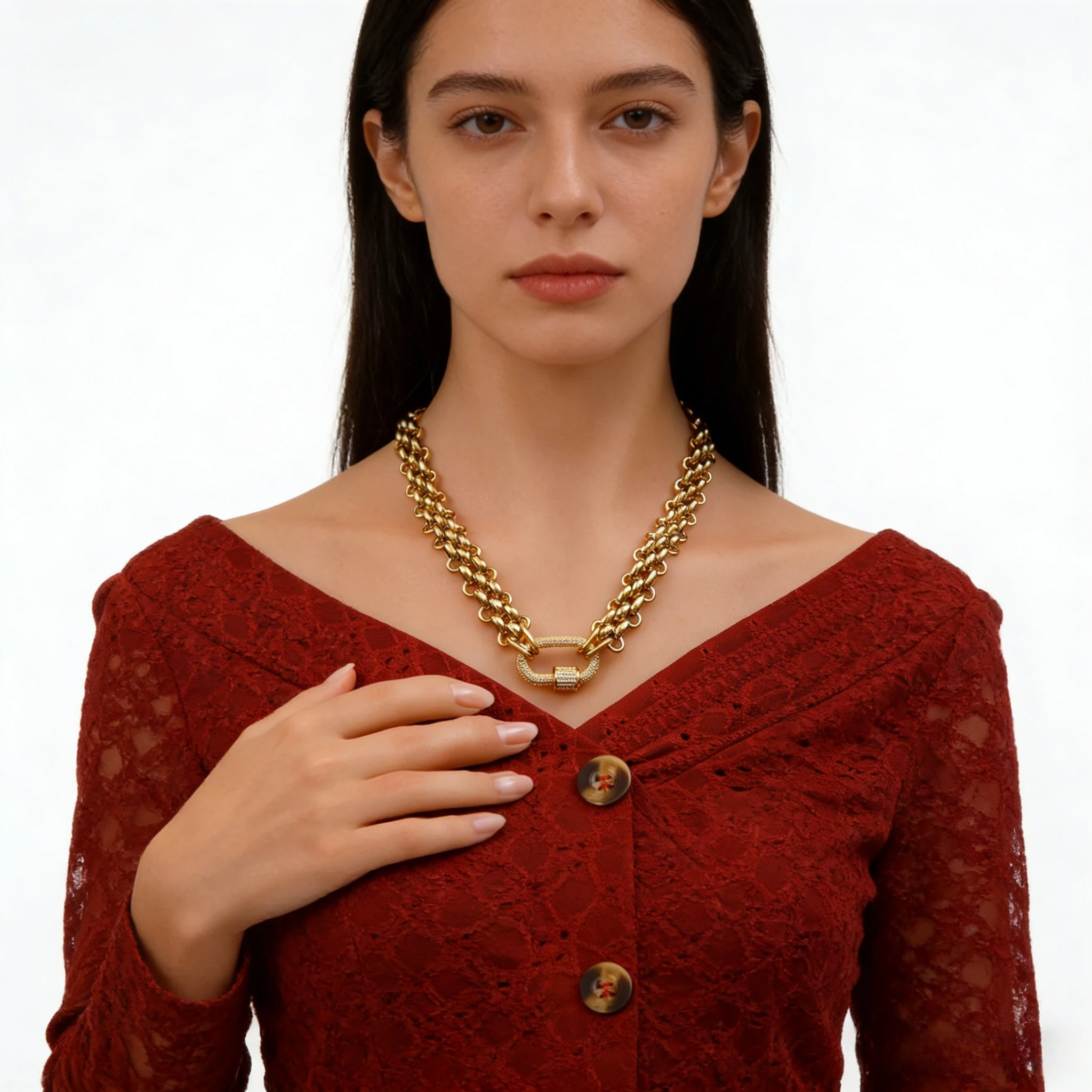 

18K Gold Plated Stainless Steel Hypoallergenic Three-Layer Braided Thick Chain Zircon Clasp Men's Necklace, Fadeless