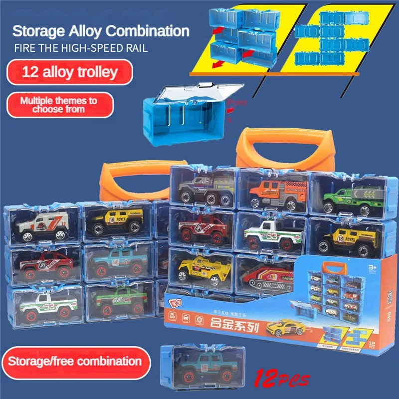 1:64 Alloy Car Storage Box Combination Car Storage 12pcs Set Diecast Model Toys for Kids Fire Military Vehicle Toy Models Truck