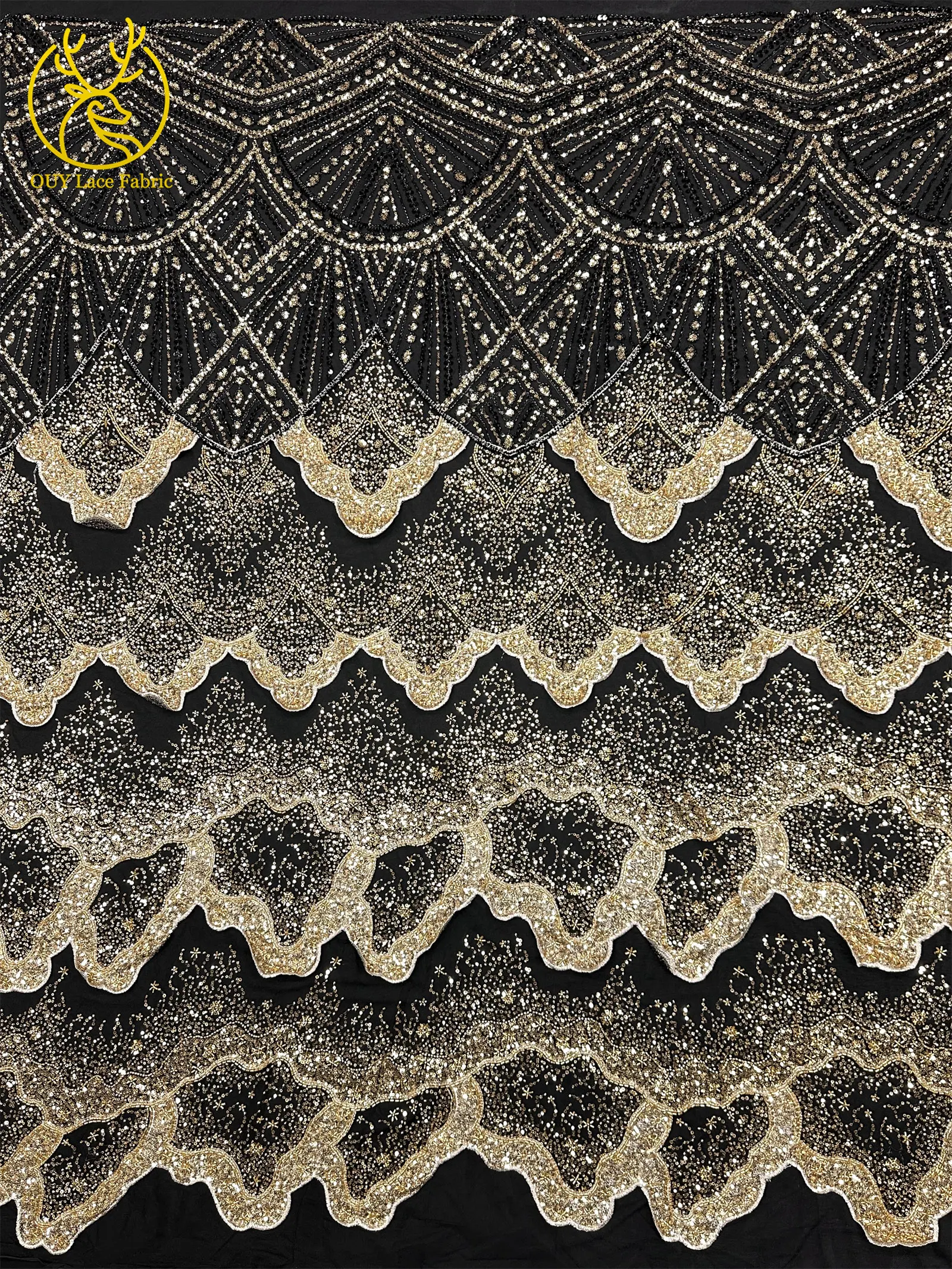 Goldene luxuriöse nigerianische 3D handgefertigte DIY-Stickerei-Spitze, afrikanische Perlen-Pailletten-Spitze für Damen, Hochzeitskleid, Partykleid, zum Nähen – Detail 9