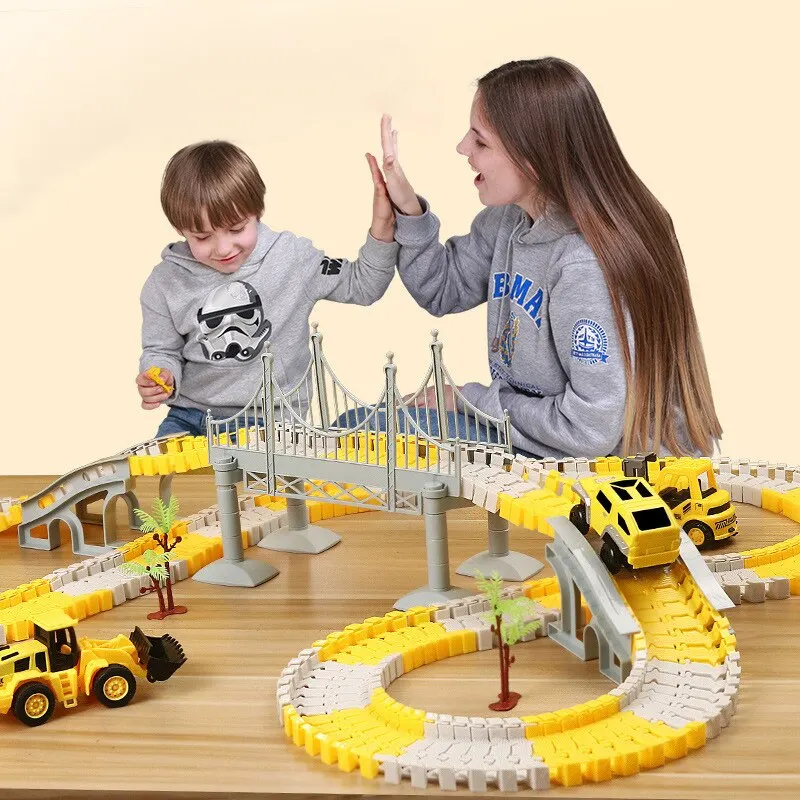 Mainan Track elektrik anak-anak, mainan Puzzle Minin teknik Set mobil jejak mobil kereta mainan untuk ulang tahun anak-anak hadiah Natal