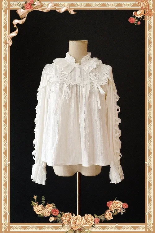 Warm Milk Tea ~ Sweet Women's Ruffled Blouse Long Sleeve Jacquard Striped Blouse by Infanta