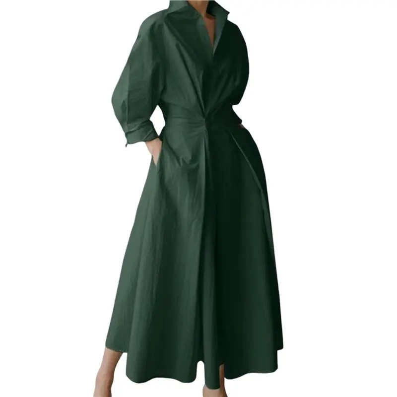 CYL-robe t-shirt Maxi boutonnée en coton pour femmes, col à revers, manches longues