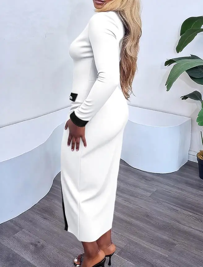 زخرفة أزرار اللؤلؤ، طية صدر السترة بقصة ضيقة، ربط الألوان المتناقضة، فستان محبوك ضيق، فستان اجتماعي أنيق للنساء في الخريف #2