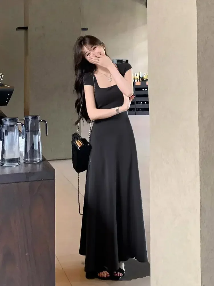 PTKPCC nouveau été taille ajustée élégant Style français femmes gris à manches courtes débardeur robe longue robe Sexy robe