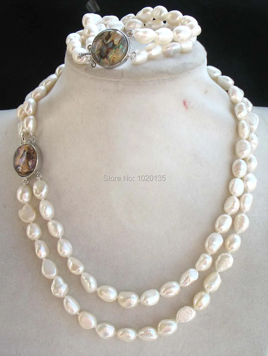 

2rows freshwater pearl white baroque 9-10mm necklace bracelet 17-18inch nature wholesale bead gift