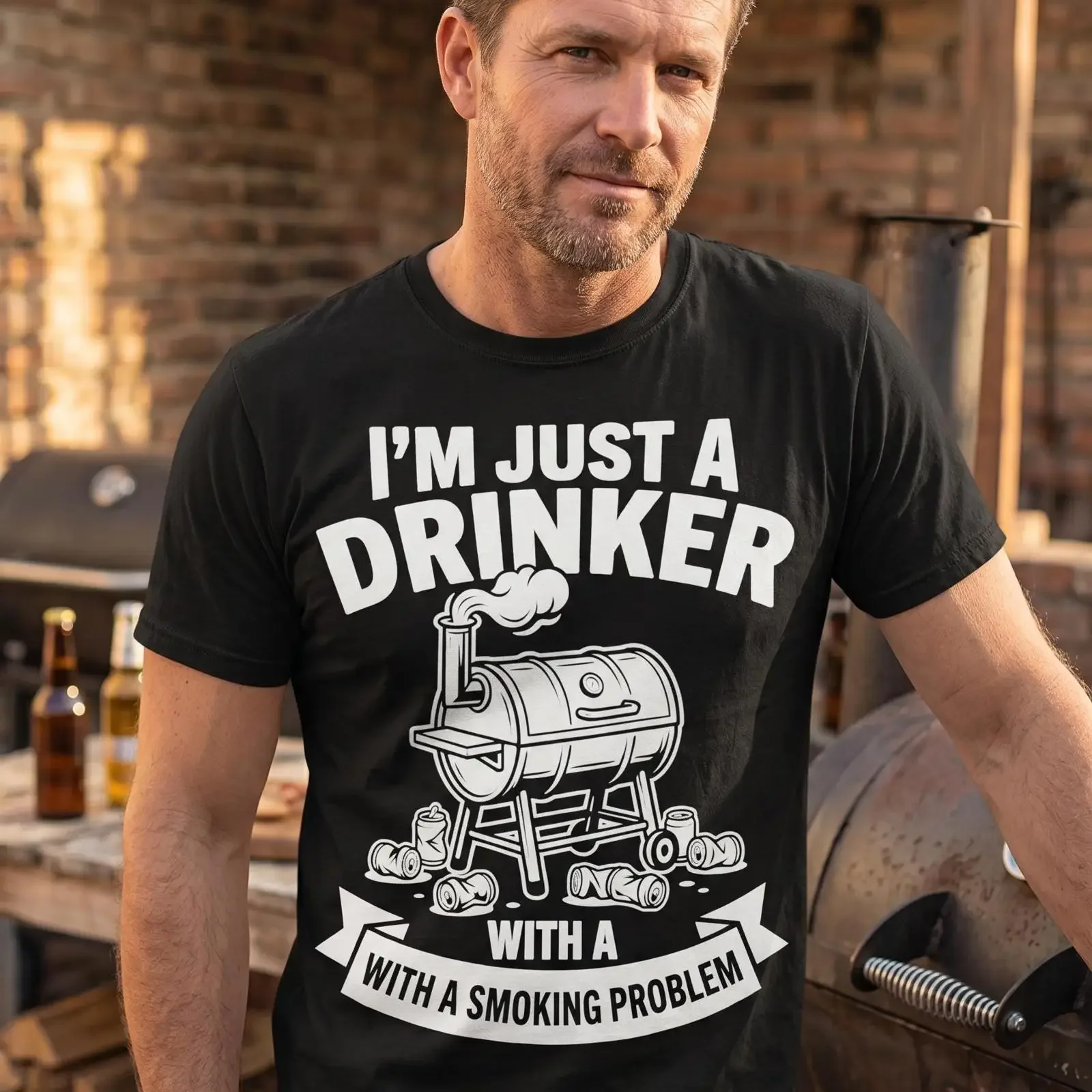 I'm Just A Drinker With Smoking Problem BBQ Grilling T Shirt Pitmaster Dad Barbecue Lover Funny  vintage Washed homme Versatile