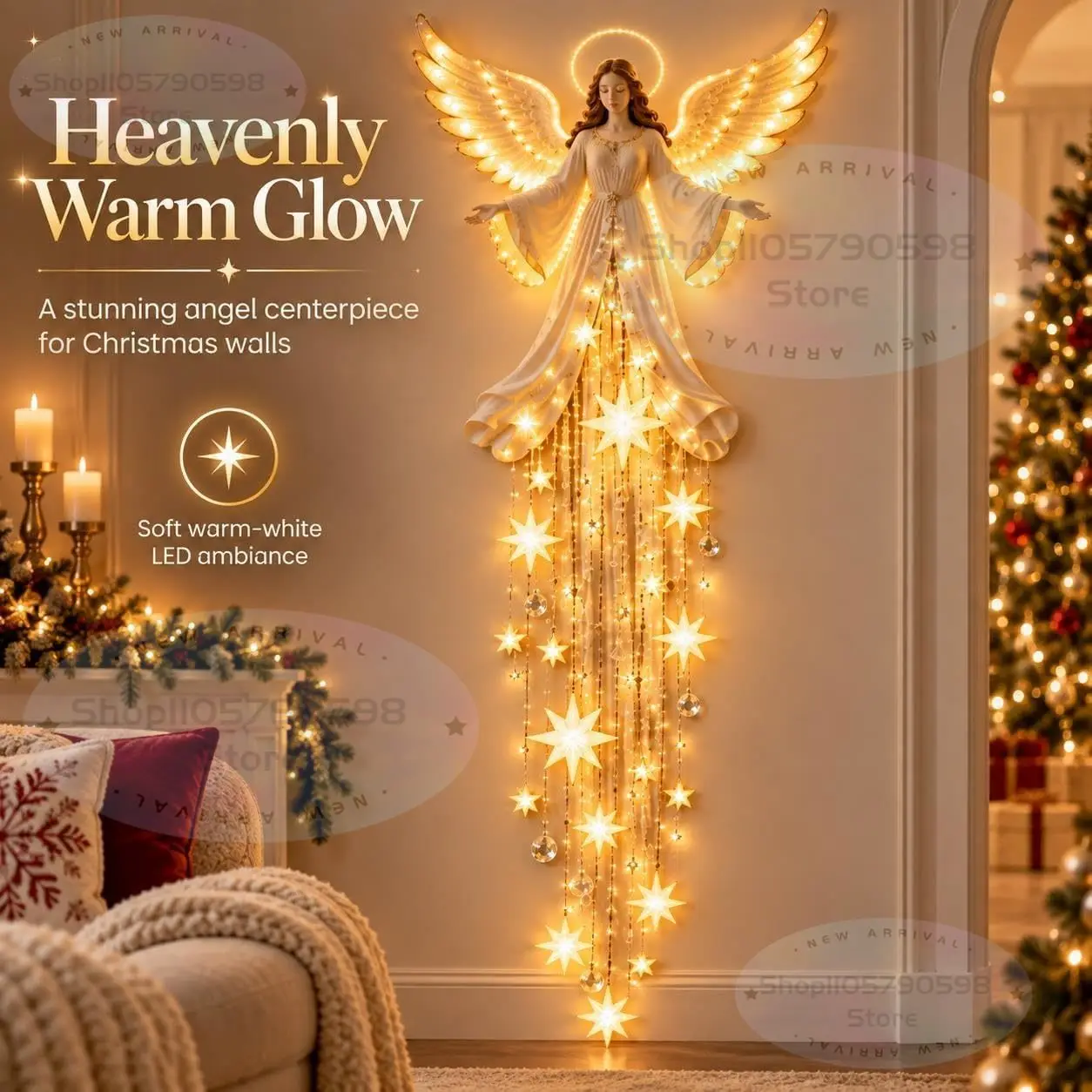 Angel Blessing Wall Light,Cascading Glowing Star Christmas Angel Wall Lamp,Led Starfall Effect Celestial Angel Figurine for HOME