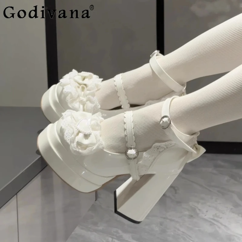 여성용 새 JK 유니폼 로리타 슈즈 여름 스윗 귀여운 로리타 하이힐 로슈즈 여성 청키 힐 메리 제인 가죽 신발