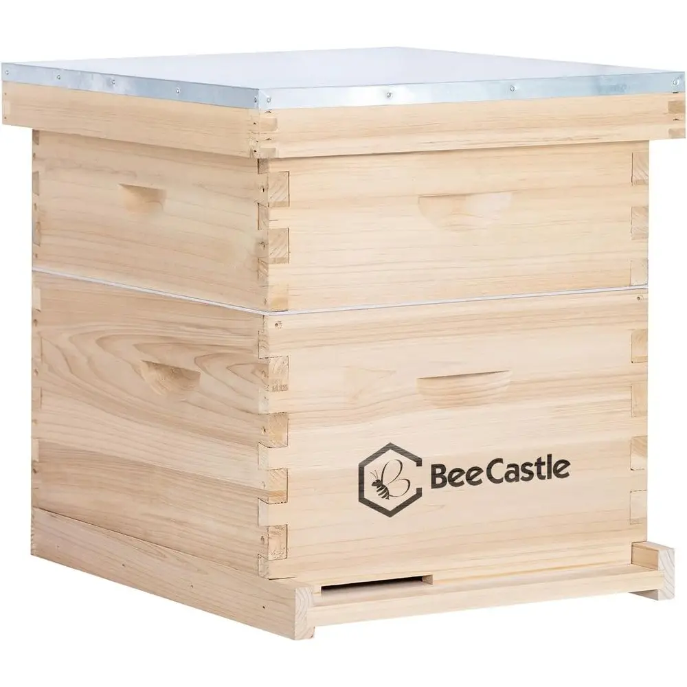 Castle 10 E-Stroth Bienenstock, Bienenstock-Starter-Set für Anfänger mit Bienenstock und Wachsgrundplatte (1 Tiefe Box & 1 Mittlere Box)