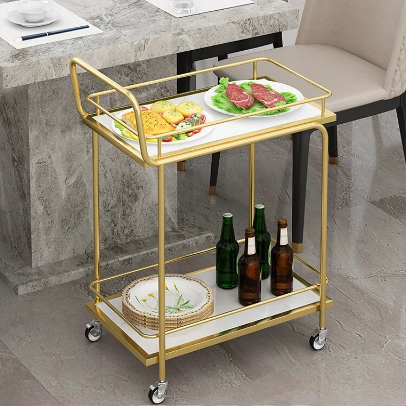 

Double Cart Rotating Trolley Food Serving Iron Free Shipping Wagon Stainless Gold Janitorial Commercial Vegetables Rack Bar Mini