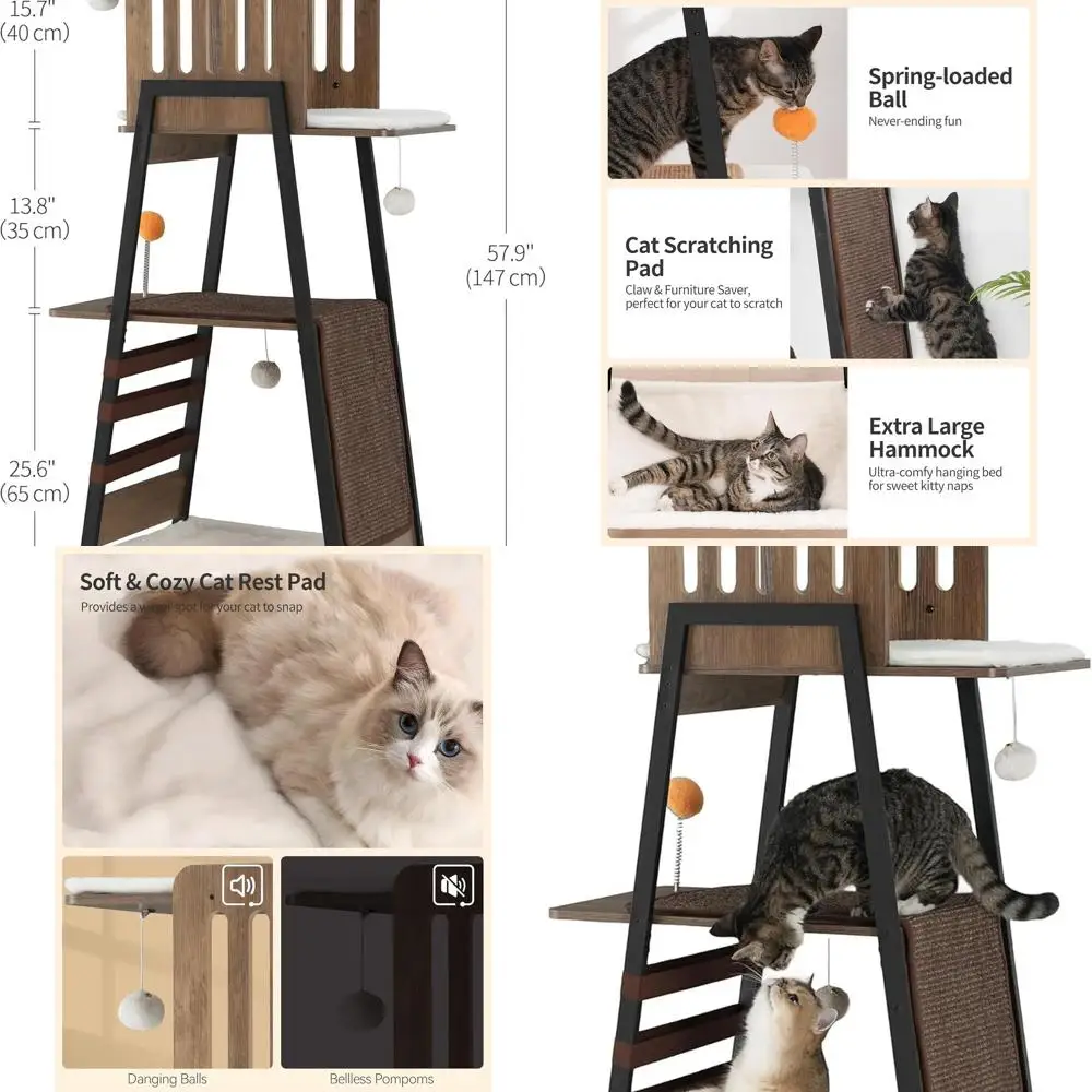 

Современное кошачье дерево FourFurPets, 58-дюймовая кошачья башня для больших кошек, кошачье дерево Maine Coon с когтеточкой, большой окунь, гамак a