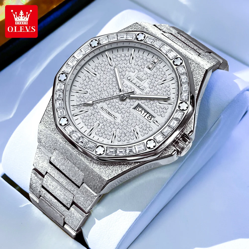 

OLEVS Luxury Sparkling Stainless Steel Men Mechanical Watches Elegant Diamond Calendar Luminous Waterproof Man Automatic Watch