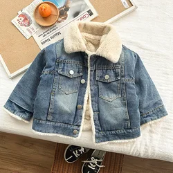 Kids Velvet Fur Denim Coat 2023 New Autumn Winter Thick Warm Girls Boys Turn Down Collar Fleece Jackets Children Overcoat 1-10Y