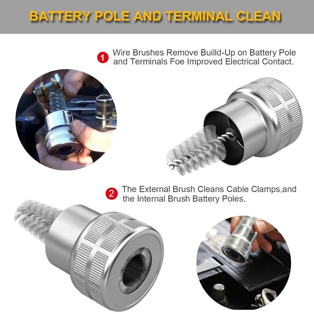 Lavaggio auto Pulizia Spazzola metallica per batteria Batteria per auto Pulitore terminale Spazzola per corrosione sporca Strumento per pulizia a