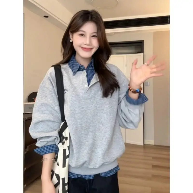 

Girl Knitwear Thin Korean Version Design Sense Fake Two-Piece Spliced Gray Hoodie for Women In Spring and Autumn Women's Cardig