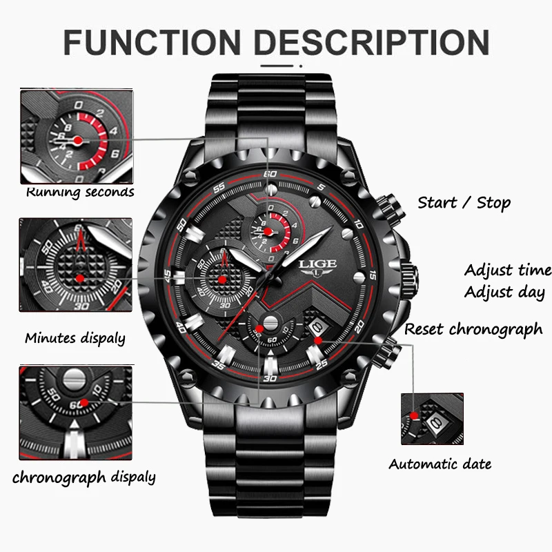 LIGE-Montre étanche de luxe pour homme, grande montre-bracelet à quartz, horloge de date, montres de sport, mode, 30 iko, marque supérieure