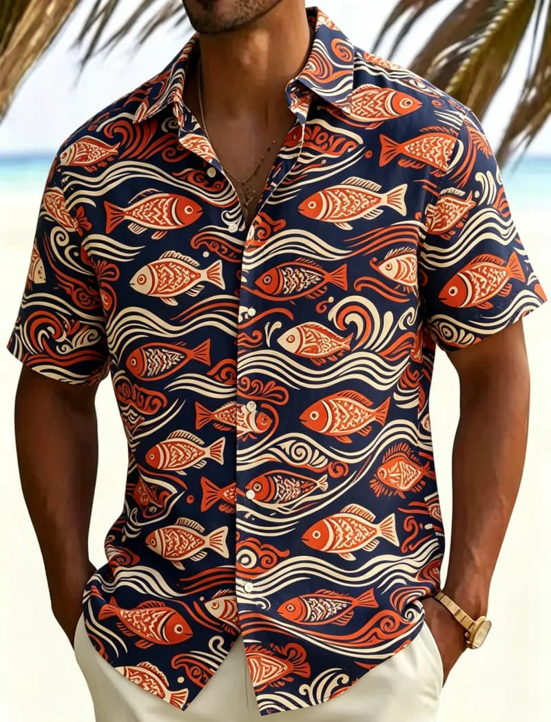 

Men's Tribal Ocean And Tropical Print Casual Shirt, Breathable Top For Summer Vacation Party Travel And Daily Wear