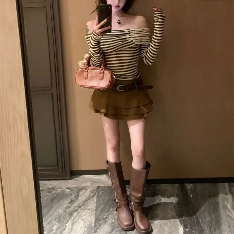 

Hotsweet Slash Neck Button Pullovers Autumn Contrasting Colors Striped Women's Clothing Vintage Fashion Off Shoulder T-shirts