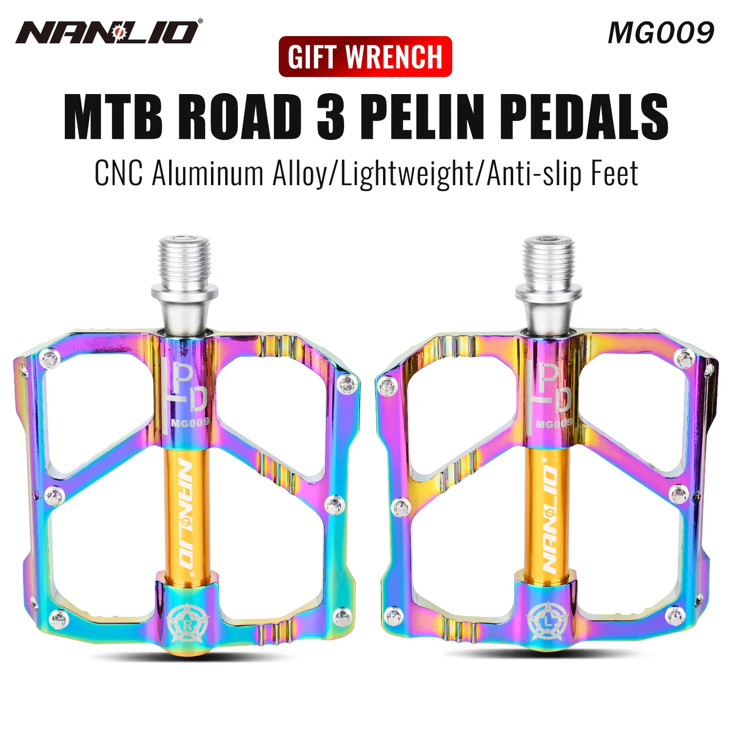 Nanlio Mountain Bike Pedals, Cross-Country, Trail, 6 Sealed Bearings, Wide Platform, 2 Reflectors, 18 Anti-Skid Pins, 290g Pair